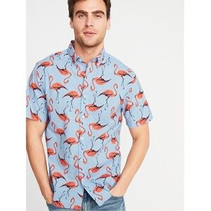 Old Navy Slim-Fit Built-In Flex Flamingo Printed Everyday Shirt in Large Tall